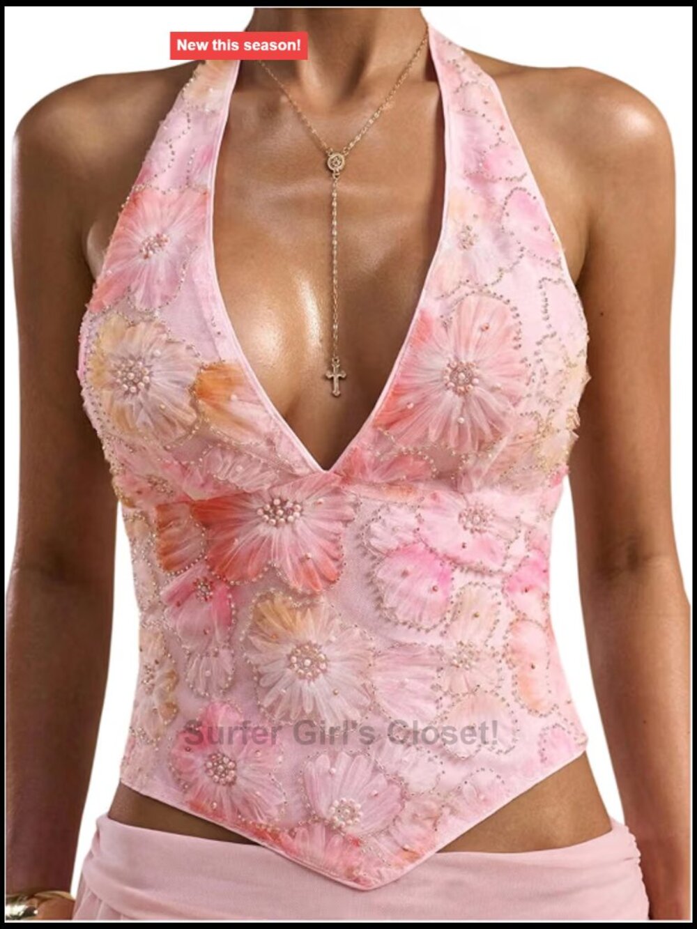 Women's Y2K Floral Sequin Halter Top, Sleeveless Tie Back, Backless Going Out